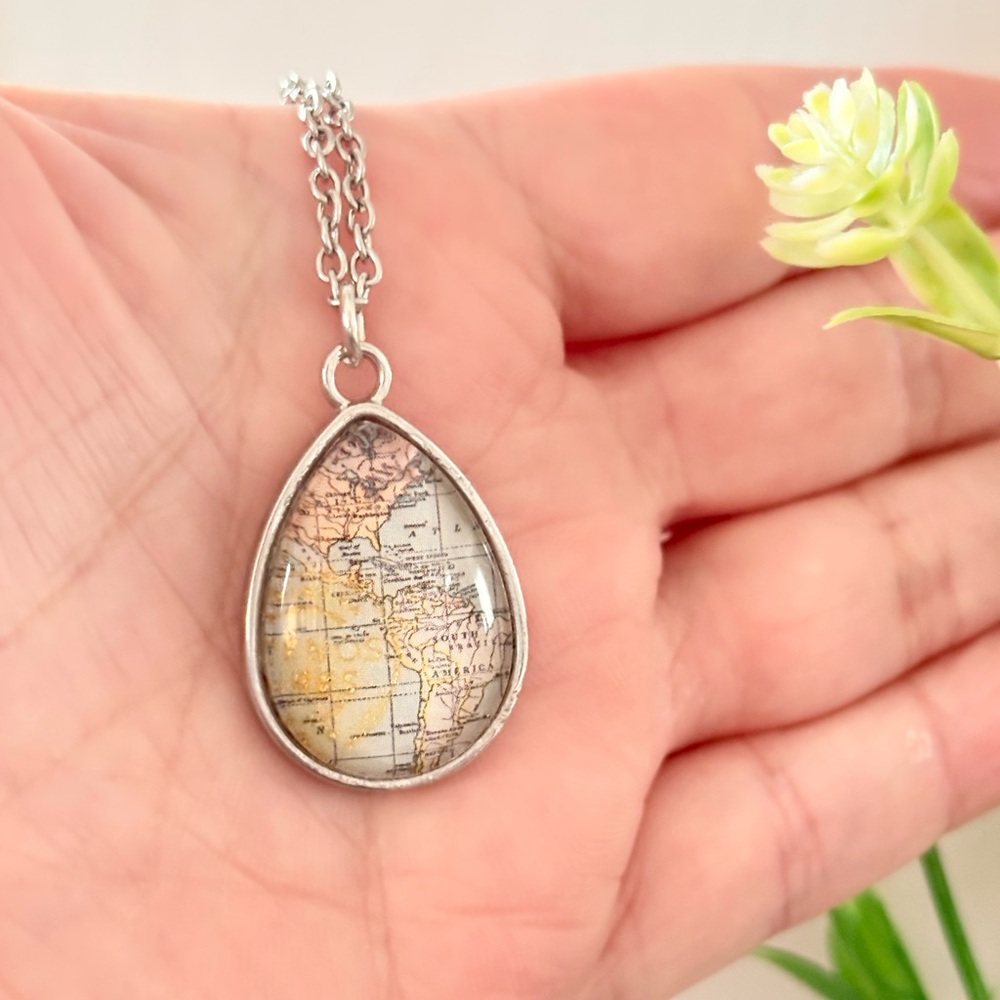 Hand Crafted Teardrop World Map Pendant Necklace in Silver and Cream